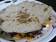 Leftover sweet potato, black bean, and chard quesadillas (with homemade wheat tortillas)
